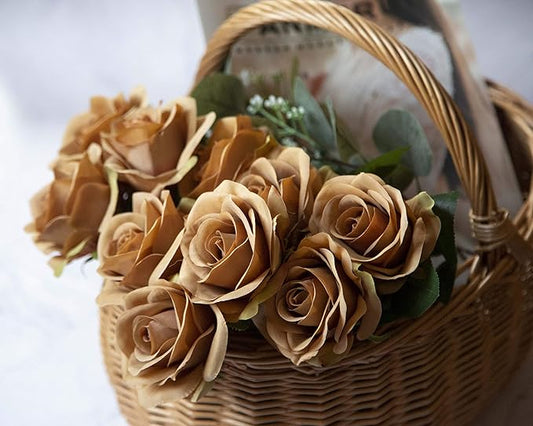 DuHouse 10pcs Fake Roses Artificial Silk Flowers Faux Rose Flower Long Stems Bouquet for Arrangement Wedding Centerpiece Party Home Kitchen Decor (Coffee)