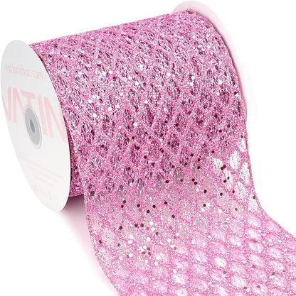 VATIN 6" Pink Christmas Ribbon, Pink Glitter Mesh Diamond Web Sequin Dots Wired Christmas Ribbon for Gift Wrapping Bow Making Wreath Supply-10 Yards