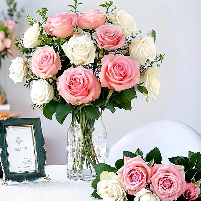 20PCS Artificial Roses with Long Stems - Realistic Silk Flowers, Fake Roses Bouquet of Roses for Home Decor, Bridal Wedding Party Table Centerpieces, Bulk Faux Rose Flowers (White Pink)