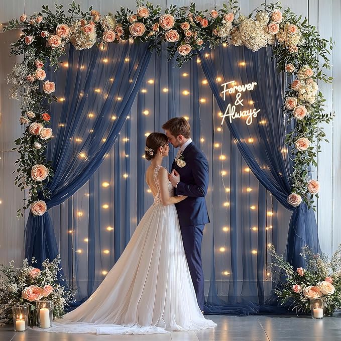 20x10ft Navy Blue Tulle Backdrop Curtain with Lights String for Parites, Sheer Backdrop Curtains for Wedding Baby Shower Birthday Party Photo Shoot Decorations