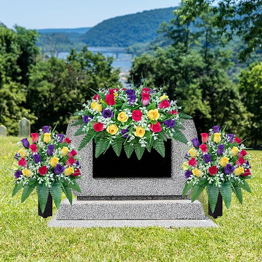 Artificial Cemetery Flowers Saddle-Shaped Tombstone Decorations Non-Fading UV-Resistant（Yellow+Purple+Brilliant Red Saddle）
