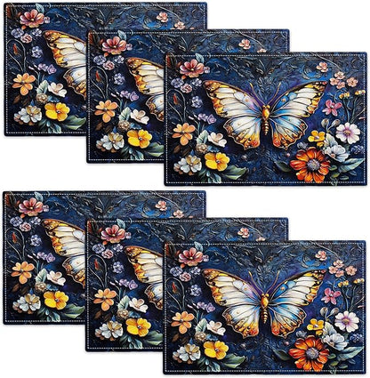 Colorful Butterfly Placemats Set of 6, Spring Place Mats, Florals Dining Table Mats, Rustic Washable Placemats for Kitchen Dining Room Home Decor 18L'' × 12W''