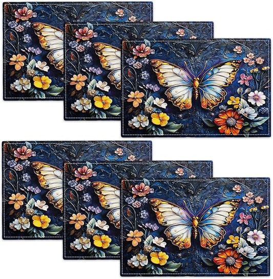 Colorful Butterfly Placemats Set of 6, Spring Place Mats, Florals Dining Table Mats, Rustic Washable Placemats for Kitchen Dining Room Home Decor 18L'' × 12W''