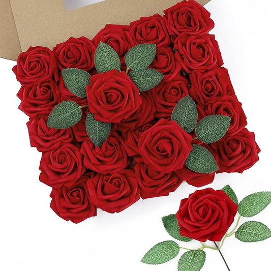 DuHouse 50Pcs Artificial Roses Flowers Fake Roses with Stems Real Touch Foam Flowers for DIY Wedding Bouquet Baby Shower Centerpiece Floral Arrangement Party Home Decor(Dark Red)