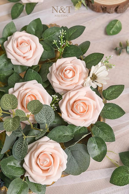 N&T NIETING Artificial Flowers, 25Pcs Fake Flowers Roses Perfect for DIY Wedding Bouquets Centerpieces Bridal Shower Party Home Flower Arrangement Decorations, Blush