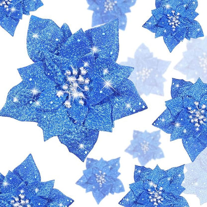 Boao 24 Pieces Glitter Poinsettia Artificial Christmas Flowers Poinsettia Decorations Wedding Christmas Tree Ornaments, 3/4/6 Inches (Blue)