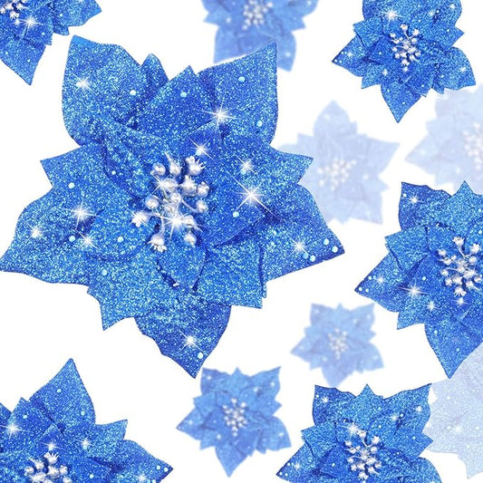 Boao 24 Pieces Glitter Poinsettia Artificial Christmas Flowers Poinsettia Decorations Wedding Christmas Tree Ornaments, 3/4/6 Inches (Blue)