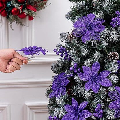 24Pcs Purple Glitter Poinsettia Christmas Tree Ornaments and Glitter Berries Stems, 16Pcs Christmas Artificial Flowers and 8 Pack Christmas Tree Picks for Wedding Xmas Holiday Decorations