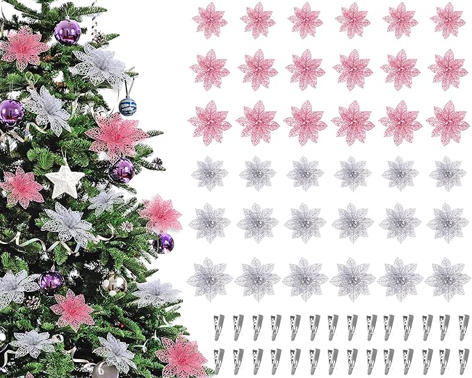 Boao Pink,Silver 24 Pieces Poinsettia Flower Christmas Glitter Artificial Poinsettia with Clips Christmas Tree Ornament Decorations for DIY Xmas Wreath Holiday Home Party Decor, 3/4/6 Inches