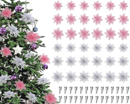 Boao Pink,Silver 24 Pieces Poinsettia Flower Christmas Glitter Artificial Poinsettia with Clips Christmas Tree Ornament Decorations for DIY Xmas Wreath Holiday Home Party Decor, 3/4/6 Inches