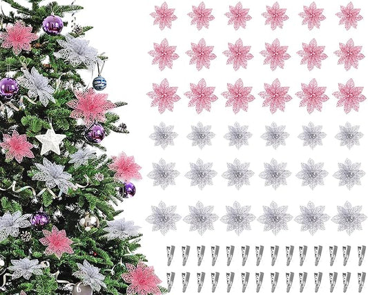 Boao Pink,Silver 24 Pieces Poinsettia Flower Christmas Glitter Artificial Poinsettia with Clips Christmas Tree Ornament Decorations for DIY Xmas Wreath Holiday Home Party Decor, 3/4/6 Inches