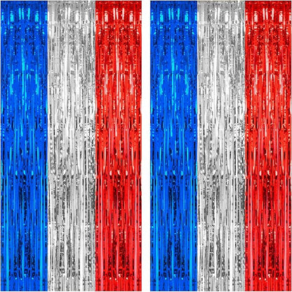 2 Pack 3.2 x 8.2 ft Red White and Blue Foil Fringe Backdrop Curtain, Streamer Backdrop Tinsel Curtains Photo Booth Props for Graduation Birthday Memo
