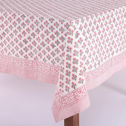 ATOSII Gulbahar White Pink 100% Cotton Fall Rectangle Tablecloth, Hand Block Print Washable Table Cover, Christmas Parties Buffet Dining, Weddings, Thanksgiving, Halloween, 60 X 90 Inches, 6 Seater