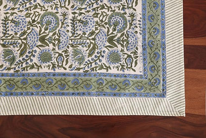 ATOSII Clover Blue 100% Cotton Rectangle Fall Tablecloth, Handblock Floral Linen Table Cloth for Kitchen Dining Table I Parties Christmas Thanksgiving I Fall Home Decor 60 X 90 Inches I 6 Seater