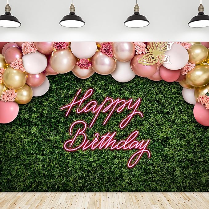 Riyidecor Green Leaves Happy Birthday Backdrop Polyester Fabric Neon Pink Balloon Flower Floral Butterfly Botanical Plant Bday 8Wx6H Feet Women Girls Photography Background Birthday Photo Studio Shoot
