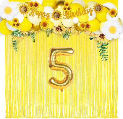 Yellow Streamers Party Backdrop - GREATRIL Foil Fringe for Pineapple/Lemon/Truck/Race Birthdays Party Decoration - 3.2ft X 8.2ft - 2 Packs