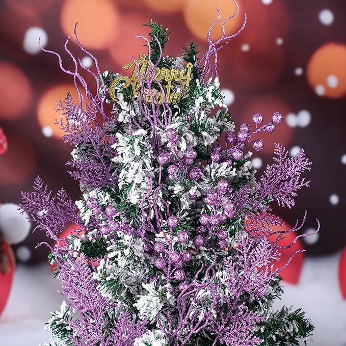 75 Pcs Christmas Glitter Branches 3 Styles Artificial Christmas Picks Berries Stems Pine Needles Floral Twig Spray for Xmas Tree Ornaments DIY Wreath Garland(Purple)