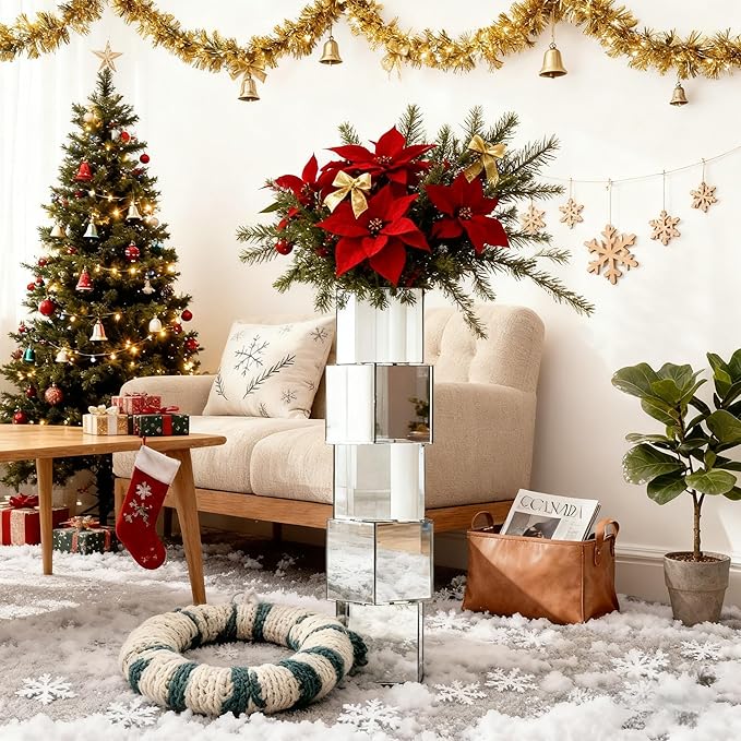 Silver Mirror Floor Vase, Square Glass Tall Vases for Decor Living Room Floor, Featuring a Bold Geometric Stacked Design, 27 inch Tall