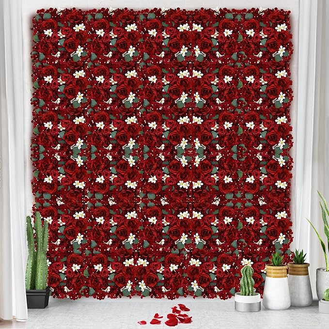 Pack of 6 Artificial Silk Flower Panels, Faux Floral Wall Background for Wedding Party Engagement Bridal Shower Arrangement Home Decorations - Burgundy