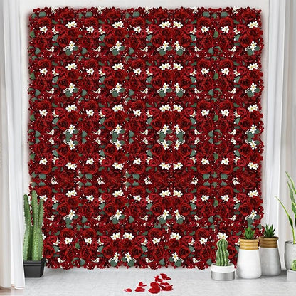 Pack of 6 Artificial Silk Flower Panels, Faux Floral Wall Background for Wedding Party Engagement Bridal Shower Arrangement Home Decorations - Burgundy