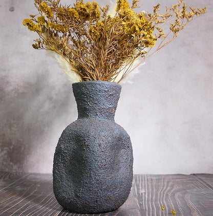 Rustic Textured Clay Vase - 7IN Rustic Ceramic Vase Vintage Farmhouse Style Decor, Circle Wabi Sabi Vases for Farmhouse Home Decor, Decor Living Room, Table, Shelf(Black)