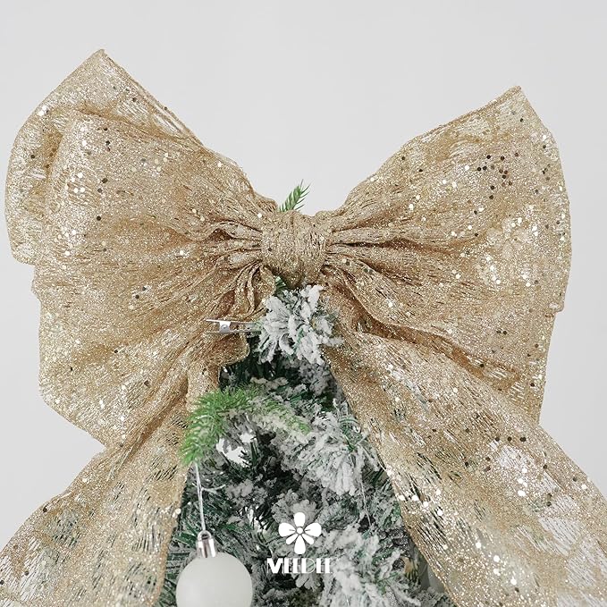 MEEDEE 6 Inch Wide Wired Ribbon Champagne Gold Glitter Mesh Web Wired Edge Ribbon by 10 Yards Roll Champagne Mesh Wired Ribbons for Christmas Tree, Garland, Wreaths, Bows, Centerpiece, Gift Wrapping