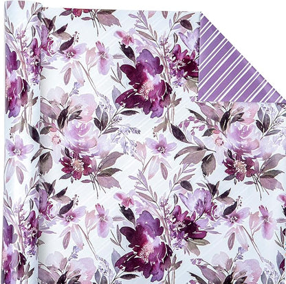 WRAPAHOLIC 30 Inch Reversible Floral Wrapping Paper - 30 Inch X 33 Feet - Purple Flower Wrapping Paper for Wedding, Birthday, Mothers Day, Baby Shower, Anniversary, Bridal Shower