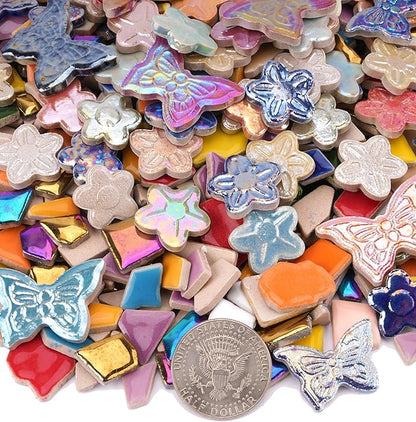 1.5 lb Ceramic Tiles for Mosaics - (Irregular, Flower & Butterfly Mix), Ceramic Mosaic Tiles for Crafts, DIY Art Project & Home Decor