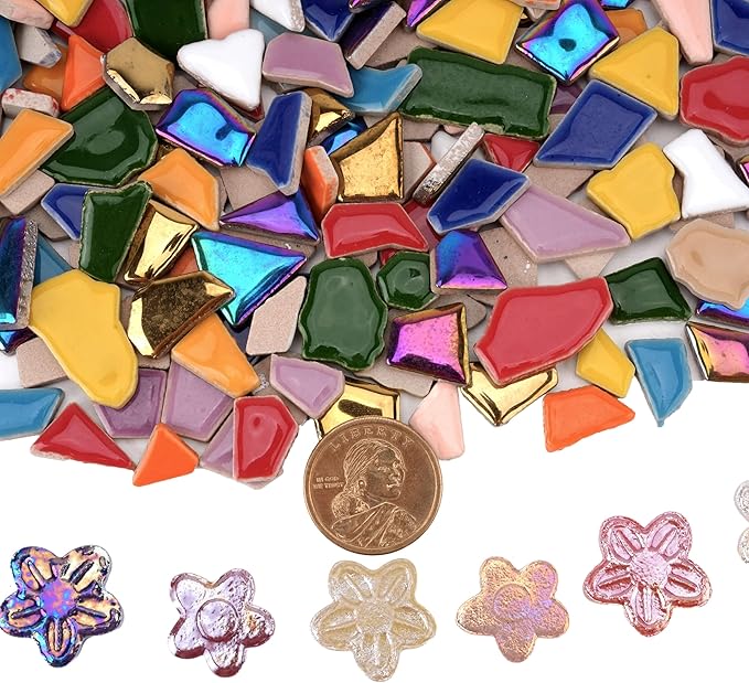 1.5 lb Ceramic Tiles for Mosaics – 580g Small Irregular Tiles + 100g Flower Mosaic Pieces, Mixed Sizes, Shapes & Vibrant Colors for DIY Crafts & Home Decor