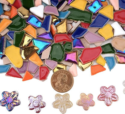 1.5 lb Ceramic Tiles for Mosaics – 580g Small Irregular Tiles + 100g Flower Mosaic Pieces, Mixed Sizes, Shapes & Vibrant Colors for DIY Crafts & Home Decor