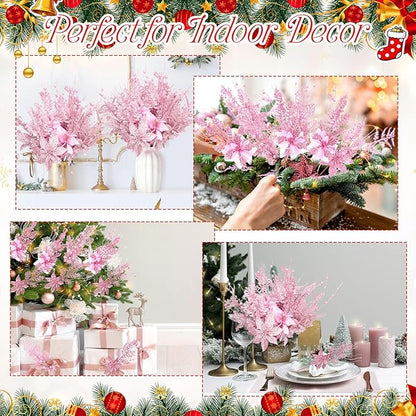 18 Pack 3 Styles 17 Inch Christmas Glitter Poinsettia Berry Stems Ornaments Artificial Floral Branches Picks for Christmas Tree Home Vase Holiday Party Decor(Pink)
