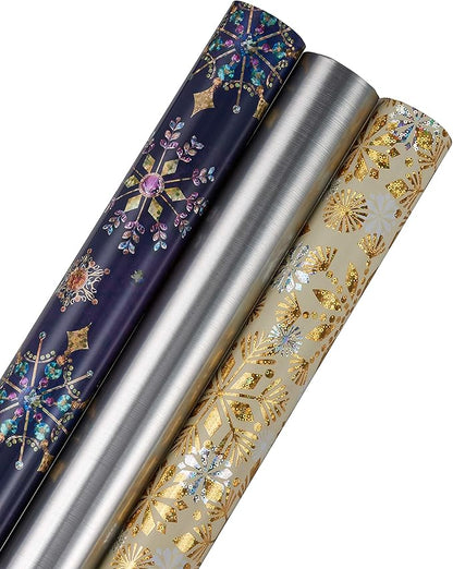 Papyrus Wrapping Paper Rolls for Christmas, Hanukkah, and All Holidays, Snowflakes Print and Metallic Silver (3 Rolls, 62.5 sq. ft.)