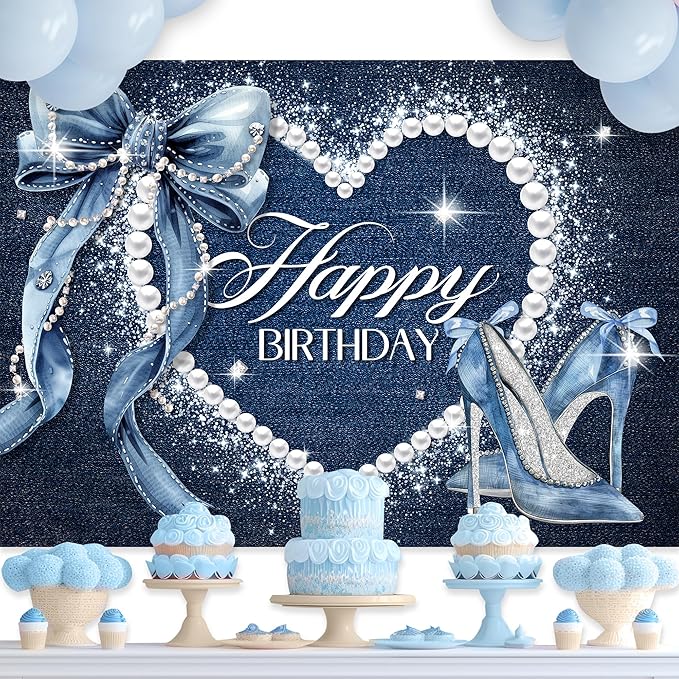 Denim and Diamonds Bow Backdrop 7Wx5H Photography Blue Coquette Happy Birthday for Women Girls Birthday Banner Background Silver High Heels Party Decorations Banner Photo Booth Props Supplies