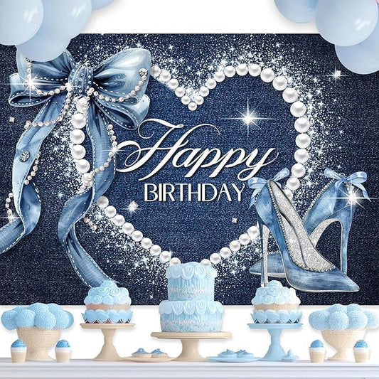 Denim and Diamonds Bow Backdrop 7Wx5H Photography Blue Coquette Happy Birthday for Women Girls Birthday Banner Background Silver High Heels Party Decorations Banner Photo Booth Props Supplies