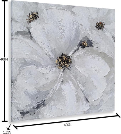 SYGALLERIER Abstract Flower Wall Art - Gray and White Floral Oil Painting with Gold Foil Embellishments - Handmade Canvas Wall Art 40x40 Inch