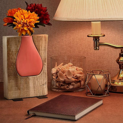Excello Global Products Matte Pink Glass and Wood Vase - Rustic Flower Vase Decorative Centerpieces for Dining Room Table Coffee Tables Vintage Farmhouse Decor (Short - 8" x 6")