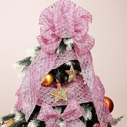 VATIN 4" Pink Christmas Ribbon, Pink Glitter Mesh Diamond Web Sequin Dots Wired Christmas Ribbon for Gift Wrapping Bow Making Wreath Supply-10 Yards