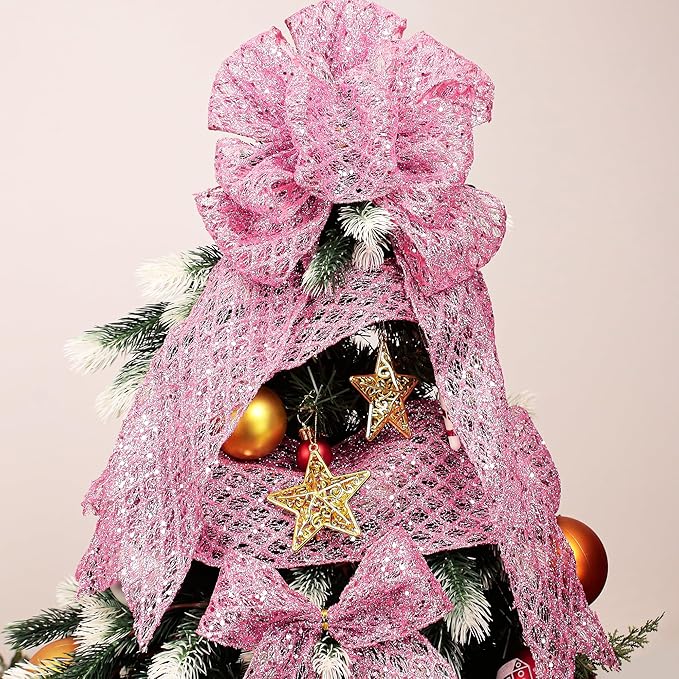 VATIN 2-1/2" Pink Christmas Ribbon, Pink Glitter Mesh Diamond Web Sequin Dots Wired Christmas Ribbon for Gift Wrapping Bow Making Wreath Supply-10 Yards