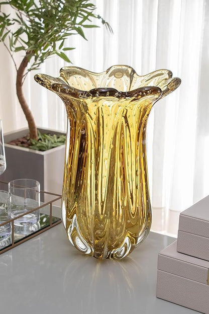 Extra Large Blown Glass Vase Amber, Everest Model, Murano-Style, Handcrafted Brazilian Glass Art, Floral Arrangements, Home Decor, 21.8 lbs