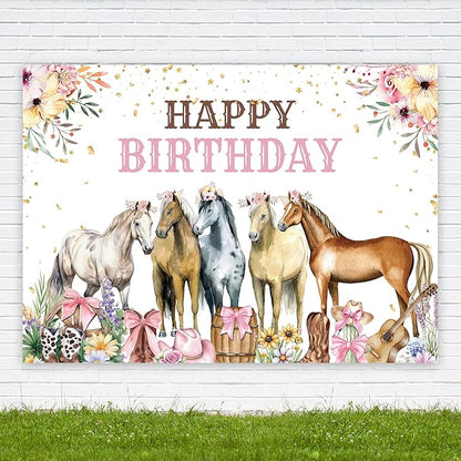 Riyidecor Horse Happy Birthday Backdrop Cowgirl Western Florals Flowers 7Wx5H Feet Polyester Fabric Bow Photography Background for Girls Women Princess Children Table Decor Banner Studio Photo Shoot