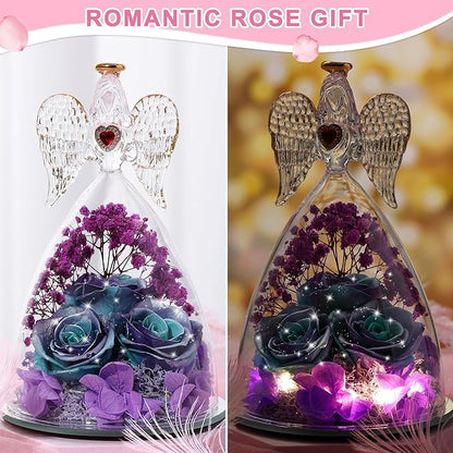 Mothers Day Rose Gifts for Women, Large Angel Figurines with Real Roses, Preserved Real Flower Rose for Her, Glittery Blue Purple