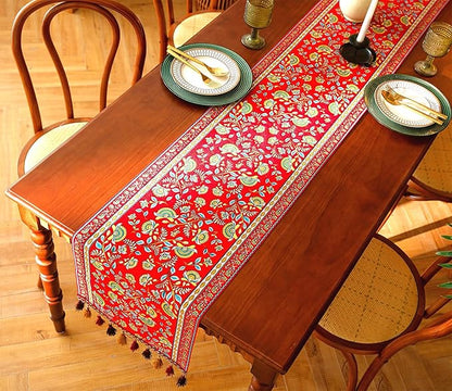 13×72 Inch Table Runner, Retro-Luxury Tassels Series for Kitchen Dining Table Holiday Decoration (Red Branch)