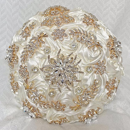 Handmade Satin Rose Floral Bling Pearl Decor Bridal Wedding Bouquet Rhinestone Pendant Artificial Brooch Flowers for Bride Bridesmaid Quinceanera