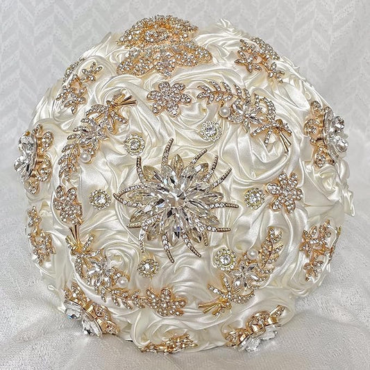 Handmade Satin Rose Floral Bling Pearl Decor Bridal Wedding Bouquet Rhinestone Pendant Artificial Brooch Flowers for Bride Bridesmaid Quinceanera