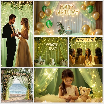 Tulle Curtain Backdrop with 300 LED Fairy Lights for Parites Wrinkle-Free Sheer Curtain Drapes Photo Back Drop for Wedding Baby Shower Bridal Shower Birthday Home Décor - 10ft×10ft, Sage Green