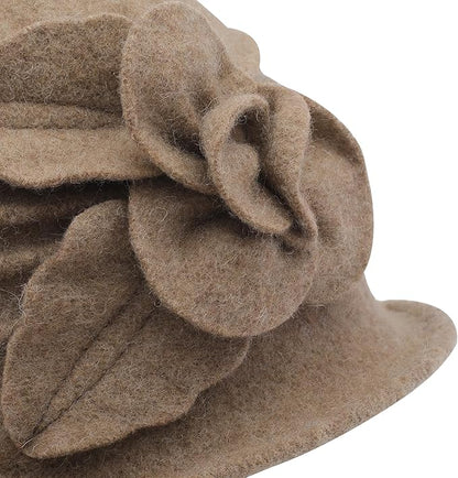 ZLYC Women Wool Cloche Bucket Hat 1920s Vintage Dress Winter Hats with Flower Accent