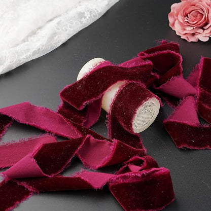 Burgundy Velvet Ribbon 1.5 Inch Maroon Frayed Silk Velvet Ribbon Burgundy Christmas Velvet for Gift, Raw Edge Boho Stylel for Wedding Invitation Bridal Bouquet -3yards