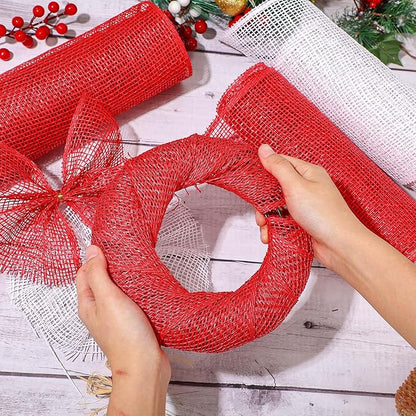 Chuangdi 4 Rolls Poly Burlap Mesh Poly Burlap Deco Ribbon Mesh Roll for Christmas Spring Summer Easter 4th of July DIY Flower Wreath Garland, 10 Inch