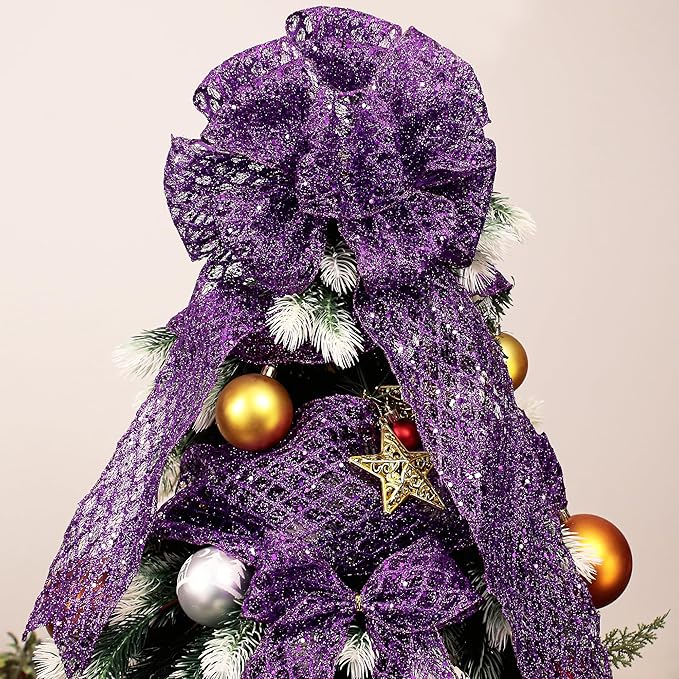 VATIN 4" Purple Christmas Ribbon, Purple Glitter Mesh Diamond Web Sequin Dots Wired Christmas Ribbon for Gift Wrapping Bow Making Wreath Supply-10 Yards
