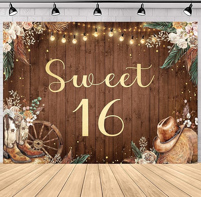 SVBright Sweet 16 Backdrop 7Wx5H Western Cowgirl Retro Boho Pampas Grass Country Flower Floral West Rustic Wooden Boots Hat Farmhouse Decorations Photography Background Banner Photo Booth Studio